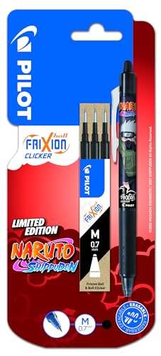 PILOT x NARUTO FriXion Ball Clicker 1 Set + 1 Set mit 3 Nachfüllminen, radierbar und einziehbar, limitierte Edition, Naruto Shipudden, nachfüllbarer Tintenroller, Schwarz, mittlere Spitze von PILOT