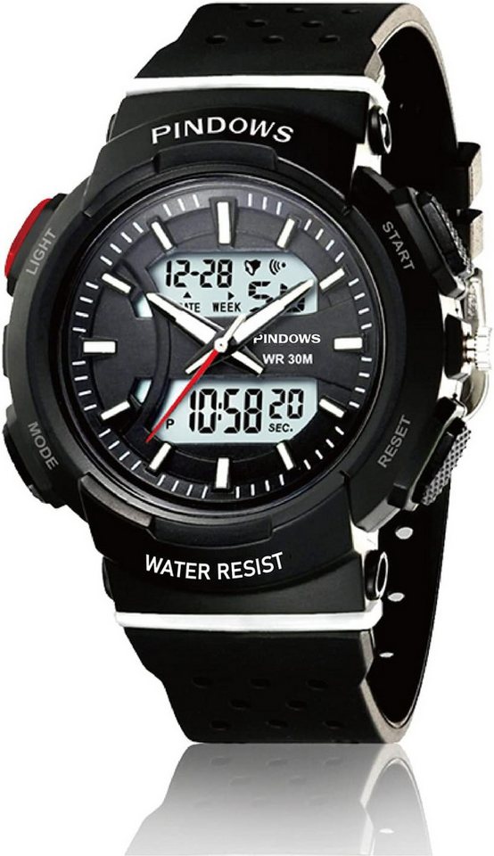 PINDOWS Fur Herren, 5 Atm Wasserdicht GroßEs Zifferblatt Analog Digital Watch, mit Mode Duale Zeitzone Led Hintergrundbeleuchtung Elektronische PINDOWS Fur Herren, 5 Atm Wasserdicht GroßEs Zifferblatt Analog Digital Watch, mit Mode Duale Zeitzone Led Hintergrundbeleuchtung Elektronische von PINDOWS
