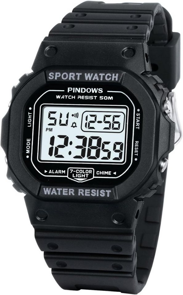 PINDOWS Fur Herren, Outdoor 5 ATM Wasserdicht Stopp Sport Watch, mit Wecker, Stundensignal, 12/24 Stunden System, Stoppuhr, Kalender PINDOWS Fur Herren, Outdoor 5 ATM Wasserdicht Stopp Sport Watch, mit Wecker, Stundensignal, 12/24 Stunden System, Stoppuhr, Kalender von PINDOWS