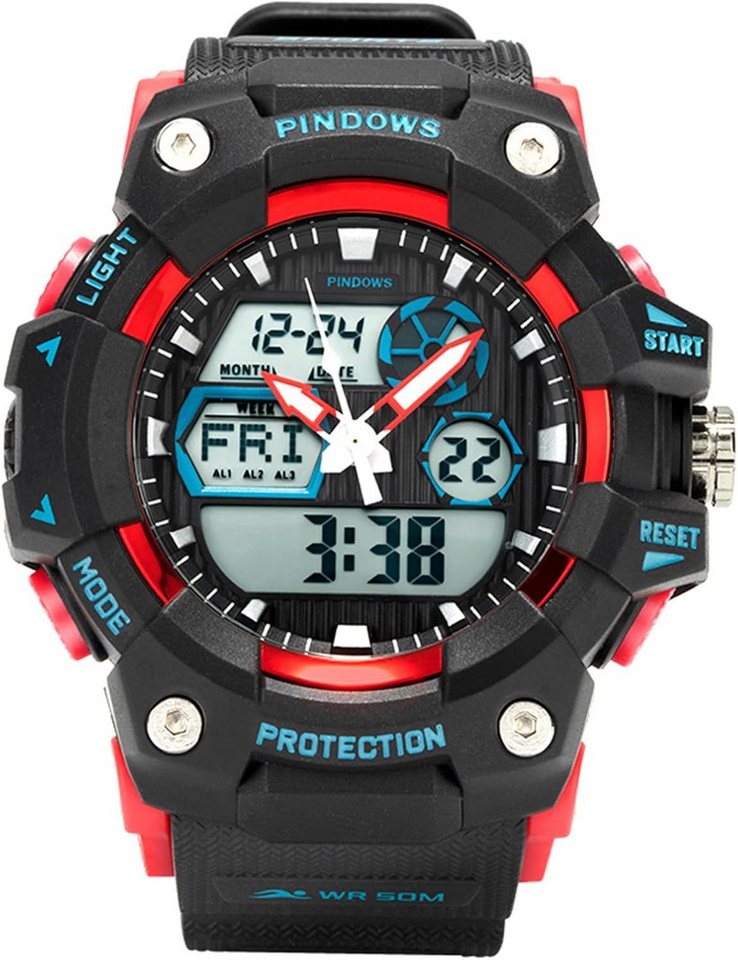 PINDOWS Fur Herren Sport Militär Watch, mit 5 ATM Wasserdicht Stopp Kalender Countdown Datum Schrittzähler von PINDOWS