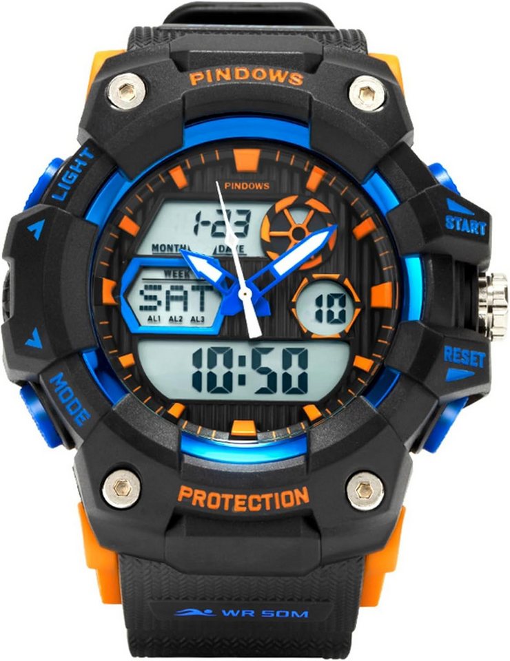 PINDOWS Fur Herren Sport Militär Watch, mit 5 ATM Wasserdicht Stopp Kalender Countdown Datum Schrittzähler von PINDOWS