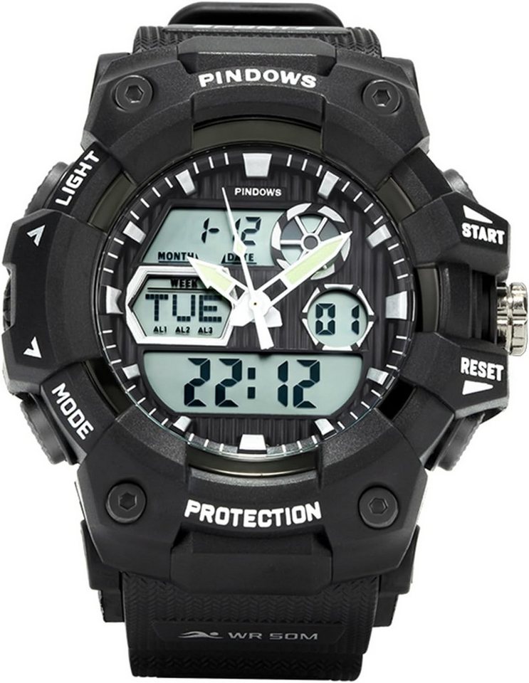 PINDOWS Fur Herren Sport Militär Watch, mit 5 ATM Wasserdicht Stopp Kalender Countdown Datum Schrittzähler von PINDOWS