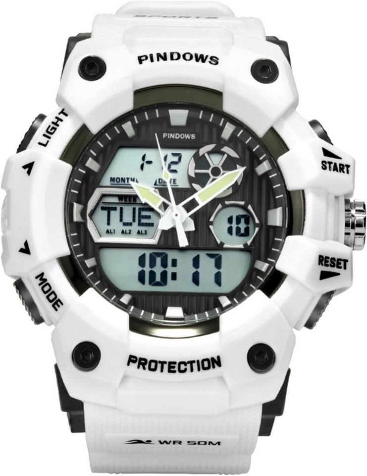 PINDOWS Fur Herren Sport Militär Watch, mit 5 ATM Wasserdicht Stopp Kalender Countdown Datum Schrittzähler von PINDOWS