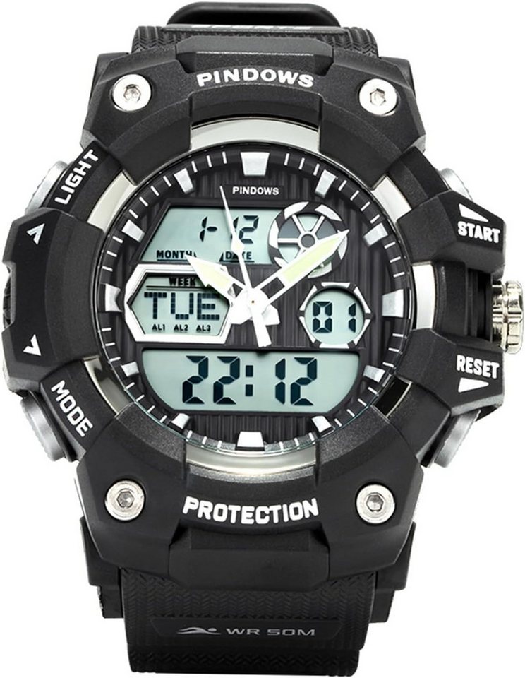 PINDOWS Fur Herren Sport Militär Watch, mit 5 ATM Wasserdicht Stopp Kalender Countdown Datum Schrittzähler von PINDOWS