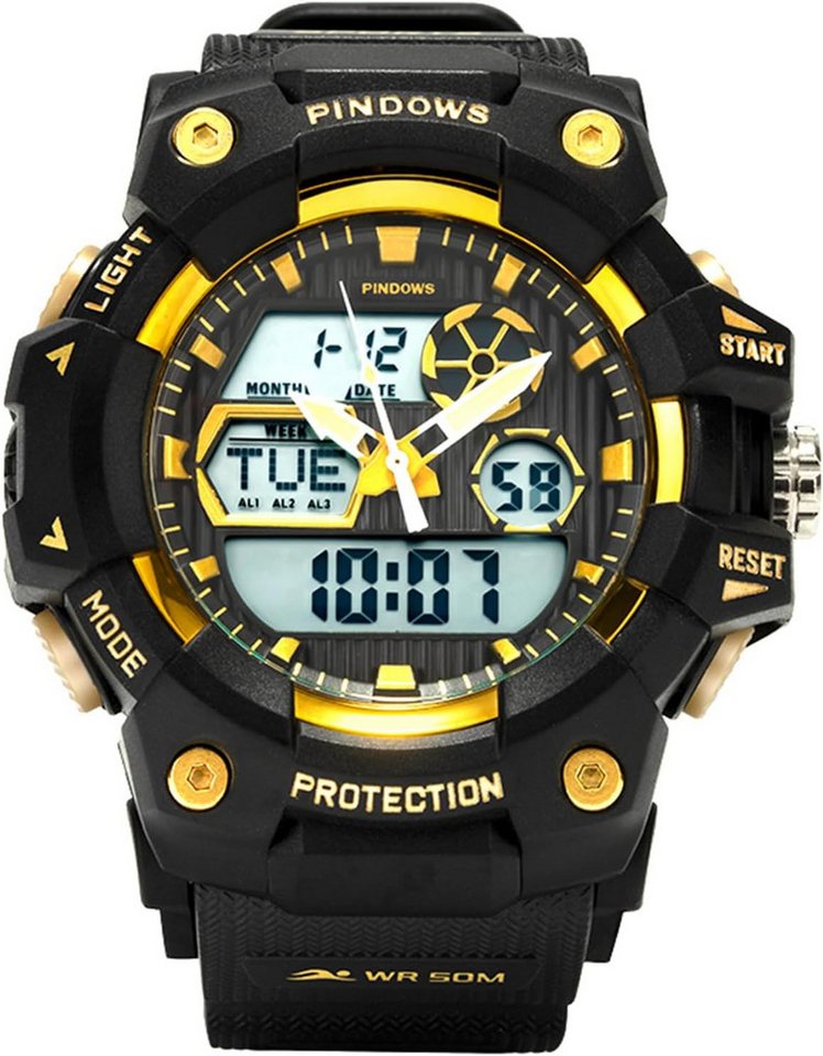PINDOWS Fur Herren Sport Militär Watch, mit 5 ATM Wasserdicht Stopp Kalender Countdown Datum Schrittzähler von PINDOWS