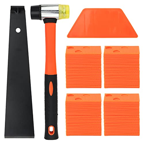 NGOSUET 63 tlg. Laminat Holzfußboden Installations Set, Laminatboden Set, Vinyl Laminat Verlegeset mit 60 x Montagekeile, 1x Schlagklotz, 1x Zugeisen, 1x Hammer für Laminat Verlegen von PINGEUI