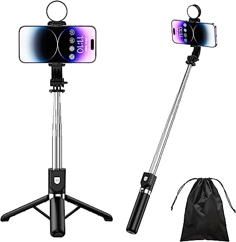 PINHEN 43'' Handy-Stativ,ausziehbarer Selfie Stick-Ständer mit Abnehmbarer drahtloser Bluetooth-Fernbedienung und Handy-Halterung,kompatibel mit iPhone Android Phone,GoPro Kamera (Black with Light) von PINHEN
