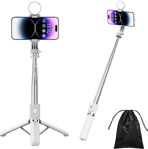 PINHEN 43'' Handy-Stativ,ausziehbarer Selfie Stick-Ständer mit Abnehmbarer drahtloser Bluetooth-Fernbedienung und Handy-Halterung,kompatibel mit iPhone Android Phone,GoPro Kamera (White with Light) von PINHEN