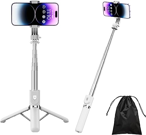 PINHEN 43'' Handy-Stativ,ausziehbarer Selfie Stick-Ständer mit Abnehmbarer drahtloser Bluetooth-Fernbedienung und Handy-Halterung,kompatibel mit iPhone Android Phone,Kamera (White) von PINHEN