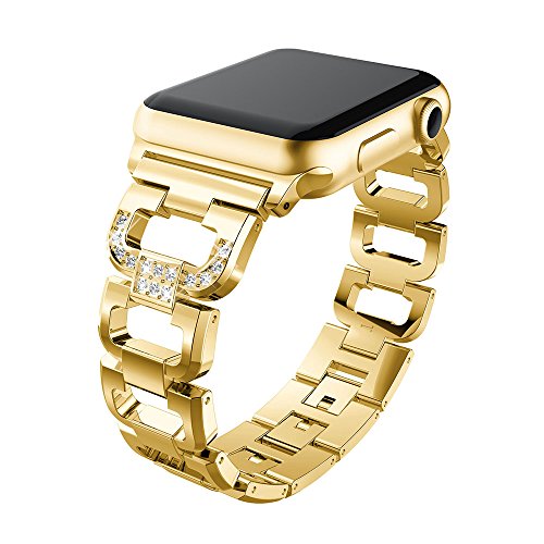 PINHEN Kompatibel mit Apple Watch 41mm 45mm Armband - Metall Edelstahl mit Kristall Diamanten Glänzend Strass Uhrenarmband Ersatz für iWatch Series 8/7/6/SE/5/4/3/2/1 (41/40/38mm, Gold) von PINHEN