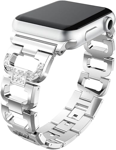 PINHEN Kompatibel mit Apple Watch 41mm 45mm Armband - Metall Edelstahl mit Kristall Diamanten Glänzend Strass Uhrenarmband Ersatz für iWatch Series 8/7/6/SE/5/4/3/2/1 (45/44/42mm, Silver) von PINHEN