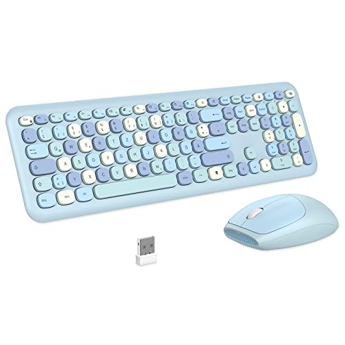 PINKCAT Tastatur Maus Set kabellos farbig, 2.4G Bunte Funktastatur mit Maus Retro Tastatur Cute Wireless Keyboard Silent Mouse für Computer/Desktop/PC/Laptop Geschenke - Blau von PINKCAT