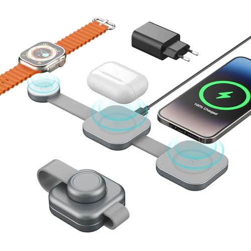 PINRUIGE Kabelloser Ladeständer 3 in 1 15W Magnetisches Kabellose Ladestation Faltbare Charging Station für iPhone 15/14/13/12 Series, AirPods Pro 2/1, Apple Watch (Mit USB-C Netzteil und Kabel) Gray von PINRUIGE