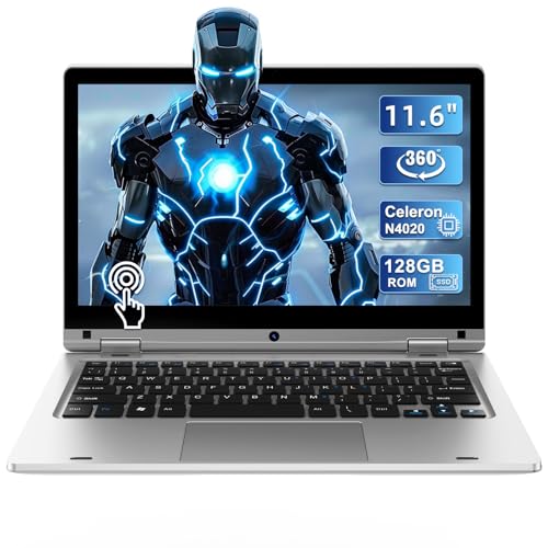 Laptop 11,6 Zoll 6 GB RAM 128 GB SSD Celeron N4020 Laptop, 360° faltbar, mit PC-Display, Laptop, WiFi 2,4 G/5G Bluetooth, 1366 x 768 IPS, Erweiterung durch SD, Keyboard Film – Silber von PINSTONE