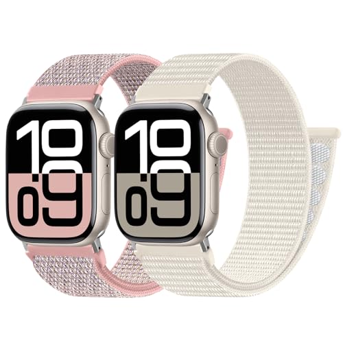 PIOWNN 2 Stück Nylon Armbänder Kompatibel mit Apple Watch Armband 40mm 41mm 38mm 42mm, Loop Klettverschluss Sportarmband für iWatch Series 10 9 8 7 6 5 4 3 2 1 SE, Polarstern+Rosa Sand von PIOWNN