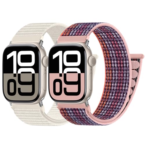 PIOWNN 2 Stück Nylon Armbänder Kompatibel mit Apple Watch Armband 40mm 41mm 38mm 42mm, Loop Klettverschluss Sportarmband für iWatch Series 10 9 8 7 6 5 4 3 2 1 SE, Polarstern+Rosa Violett von PIOWNN