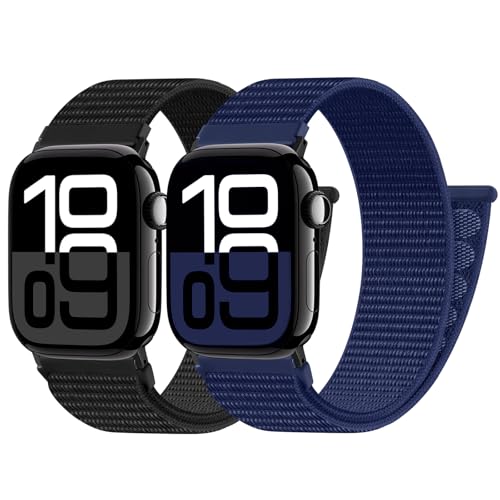 PIOWNN 2 Stück Nylon Armbänder Kompatibel mit Apple Watch Armband 40mm 41mm 38mm 42mm, Loop Klettverschluss Sportarmband für iWatch Series 10 9 8 7 6 5 4 3 2 1 SE, Schwarz+Dunkel Blau PIOWNN 2 Stück Nylon Armbänder Kompatibel mit Apple Watch Armband 40mm 41mm 38mm 42mm, Loop Klettverschluss Sportarmband für iWatch Series 10 9 8 7 6 5 4 3 2 1 SE, Schwarz+Dunkel Blau von PIOWNN