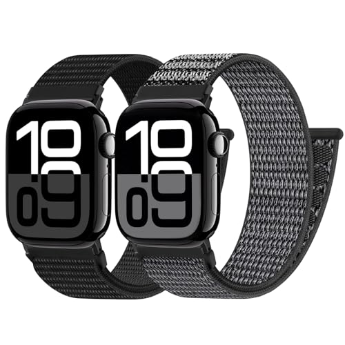 PIOWNN 2 Stück Nylon Armbänder Kompatibel mit Apple Watch Armband 40mm 41mm 38mm 42mm, Loop Klettverschluss Sportarmband für iWatch Series 10 9 8 7 6 5 4 3 2 1 SE, Schwarz+Dunkel Grau von PIOWNN