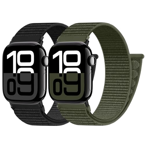 PIOWNN 2 Stück Nylon Armbänder Kompatibel mit Apple Watch Armband 46mm 45mm 44mm 42mm 49mm, Loop Klettverschluss Sportarmband für iWatch Series 10 9 8 7 6 5 4 3 2 1 SE Ultra, Schwarz+Armeegrün PIOWNN 2 Stück Nylon Armbänder Kompatibel mit Apple Watch Armband 46mm 45mm 44mm 42mm 49mm, Loop Klettverschluss Sportarmband für iWatch Series 10 9 8 7 6 5 4 3 2 1 SE Ultra, Schwarz+Armeegrün von PIOWNN