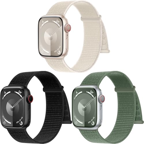 PIOWNN 3 Stück Nylon Armband Kompatibel mit Apple Watch Armband 41mm 40mm 38mm 42mm 44mm 45mm 46mm 49mm Damen Herren, Klettverschluss Sport Loop Armband für iWatch SE Series 10 9 8 7 6 5 4 3 2 1 Ultra von PIOWNN