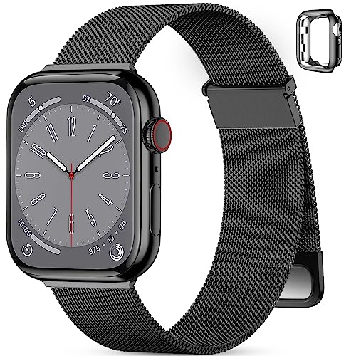 PIOWNN Armband Kompatibel mit Apple Watch Armband 40mm 41mm 38mm Damen Herren, Magnetisch Edelstahl Metall Ersatzarmband für Apple/iWatch SE/SE 2/Series 9 8 7 6 5 4 3 2 1, Schwarz & Hülle von PIOWNN