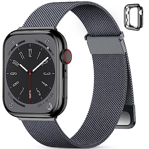 PIOWNN Armband Kompatibel mit Apple Watch Armband Ultra 49mm Damen Herren, Magnetisch Edelstahl Metall Ersatzarmband für Apple/iWatch Ultra/Ultra 2, Grau & Hülle von PIOWNN