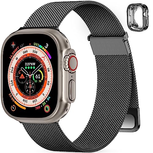 PIOWNN Armband Kompatibel mit Apple Watch Armband Ultra 49mm Damen Herren, Magnetisch Edelstahl Metall Ersatzarmband für Apple/iWatch Ultra/Ultra 2, Schwarz & Hülle von PIOWNN