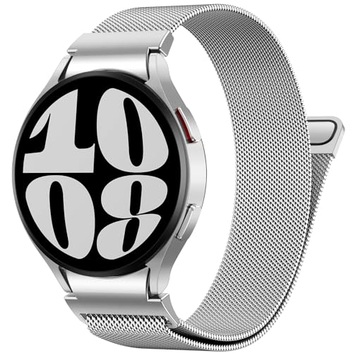 PIOWNN Metall Armband Kompatibel Mit Samsung Galaxy Watch 7 6 5 4 44mm 40mm/6 Classic 47mm 43mm/5 Pro 45mm/4 Classic/FE, Ein-Klick-Verbindung Loop Magnetisches Band, Silber von PIOWNN