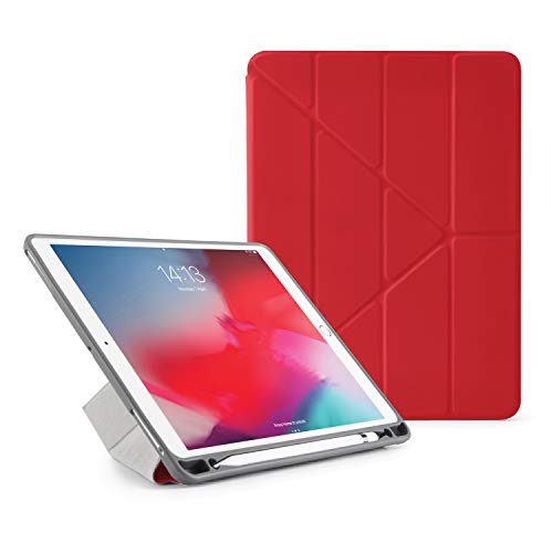 PIPETTO Origami Pencil iPad Case Air 26,7 cm (2019) & Pro 26,7 cm (2017) - stoßfestes TPU mit 5 in 1 Ständer rot mit Apple Bleistift Speicher Synchronisieren und Aufladen von PIPETTO