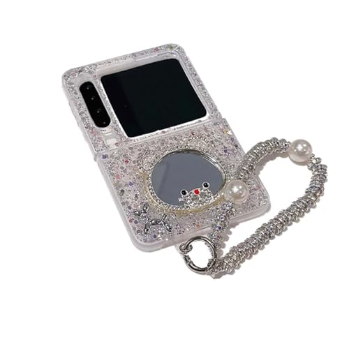 PIQIUZC Kompatibel mit Huawei Pura X, niedliches Glitzer-Herz, Bär, Spiegel-Design, faltbare Handyhülle mit Perlenhandkette für Mädchen und Frauen (Bär) von PIQIUZC