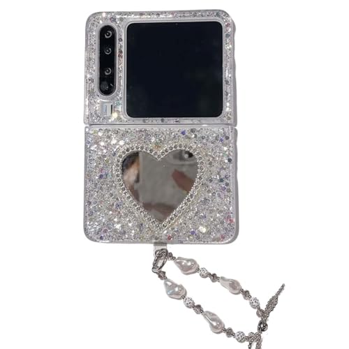 PIQIUZC Kompatibel mit Huawei Pura X, niedliches Glitzer-Herz-Bär-Spiegel-Design, faltbare Handyhülle mit Perlenhandkette für Mädchen und Frauen (Herz) von PIQIUZC