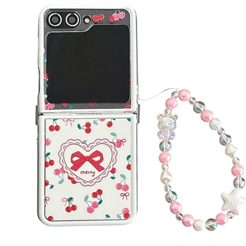 PIQIUZC Kompatibel mit Samsung Galaxy Z Flip 6, süßes Kirschschleifenspiegel-Design, für Damen und Mädchen, Handyhülle für Galaxy Z Flip 5 (Z Flip 5, mit Kette) von PIQIUZC