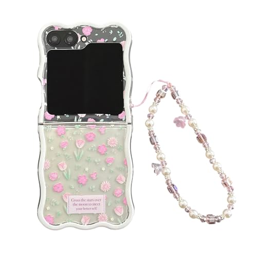 PIQIUZC Modische Schutzhülle mit Blumenmuster für Samsung Galaxy Z Flip 6, niedliches Cartoon-Design, zarte Falt-Handyhülle mit Armband (Blume) von PIQIUZC