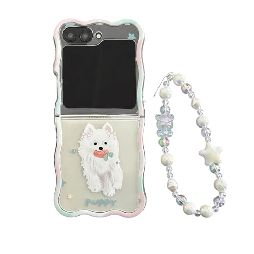 PIQIUZC Modische Schutzhülle mit Blumenmuster für Samsung Galaxy Z Flip 6, niedliches Cartoon-Design, zarte Falt-Handyhülle mit Armband (Hund) von PIQIUZC