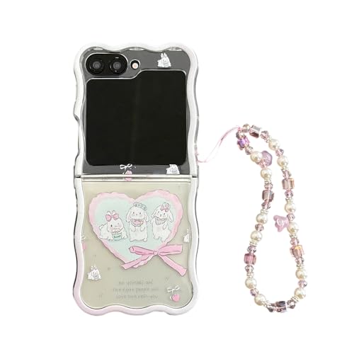 PIQIUZC Modische Schutzhülle mit Blumenmuster für Samsung Galaxy Z Flip 6, niedliches Cartoon-Design, zarte Falt-Handyhülle mit Armband (Kaninchen) von PIQIUZC