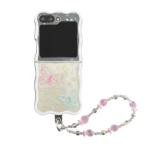 PIQIUZC Modische Schutzhülle mit Blumenmuster für Samsung Galaxy Z Flip 6, niedliches Cartoon-Design, zarte Falt-Handyhülle mit Armband (Schmetterling) von PIQIUZC