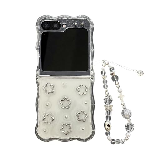 PIQIUZC Niedliche Schutzhülle für Samsung Galaxy Z Flip 6, leicht, luxuriös, zartes Blumendesign, für Damen und Mädchen, faltbare Handyhülle für Galaxy Z Flip 5 (Z Flip 5, mit Kette) von PIQIUZC