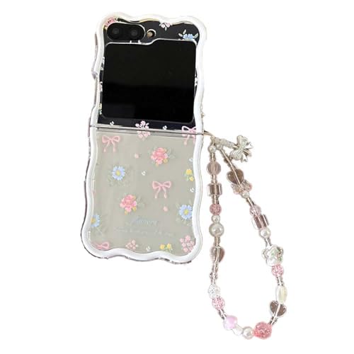 PIQIUZC Niedliche Schutzhülle für Samsung Galaxy Z Flip 6/Z Flip 5, farbiges Blumen-Schleifen-Druck-Design, Kawaii-gelockter Rahmen, Handyhülle für Mädchen (Z Flip 6, mit Kette) von PIQIUZC