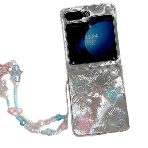 PIQIUZC Samsung Galaxy Z Flip 6 Hülle Muschel Sterne Hülle Faltbare Handyhülle für Galaxy Z Flip 6 (2024) (Mit Kette) von PIQIUZC