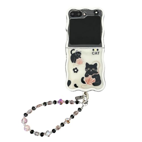 PIQIUZC Schutzhülle für Samsung Galaxy Z Flip 6, niedliches Cartoon-Design, schwarze Katze, faltbar, transparent, Wellenform, mit Handkette, für Galaxy Z Flip5 (Z Flip 6, Katze) von PIQIUZC