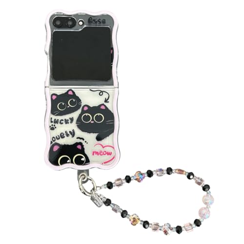 PIQIUZC Schutzhülle für Samsung Galaxy Z Flip 6, niedliches Cartoon-Design, schwarze Katze, faltbar, transparent, Wellenform, mit Handkette, für Galaxy Z Flip5 (Z Flip 6, Katzen) von PIQIUZC