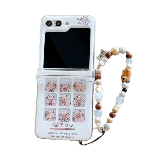 PIQIUZC Schutzhülle für Samsung Galaxy Z Flip 6, niedliches Cartoon-lustiges Capybara-Muster, faltbare Handyhülle, für Galaxy Z Flip 5 mit Armband (Z Flip 6, Weiß) von PIQIUZC