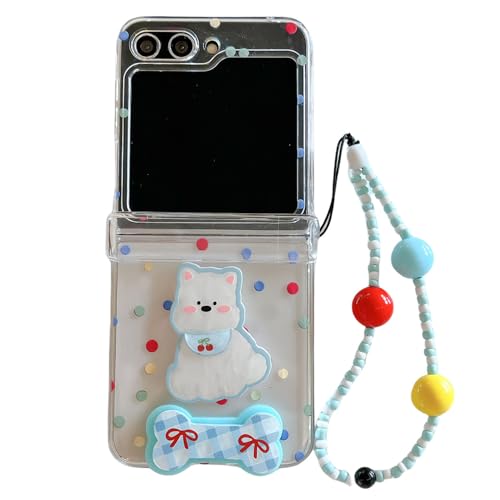 PIQIUZC Schutzhülle für Samsung Galaxy Z Flip 6/5, Cartoon-Tierdruck, niedliches lustiges Hundewelpen-Design, transparent, faltbare Handyhülle mit Perlenarmband (Z Flip 6, Hund) von PIQIUZC