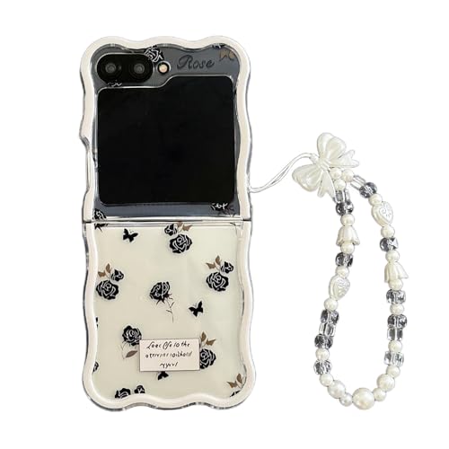 PIQIUZC Schutzhülle für Samsung Galaxy Z Flip 6/Z Flip 5 mit niedlichem Rosen- und Schmetterlingsmuster, gewellter Rahmen, exquisite Handyhülle (Z Flip 6, mit Kette) von PIQIUZC