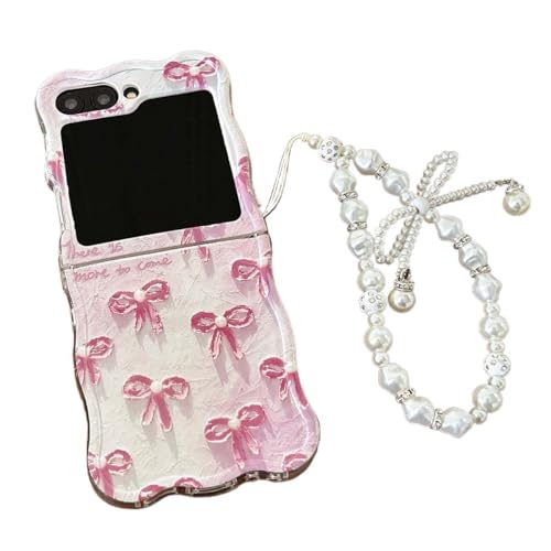 PIQIUZC Schutzhülle für Samsung Galaxy Z Flip 6 mit niedlicher rosa Schleife, Perlenkette, Schmetterlings-Schleife, Ölgemälde-Muster (mit Kette) von PIQIUZC