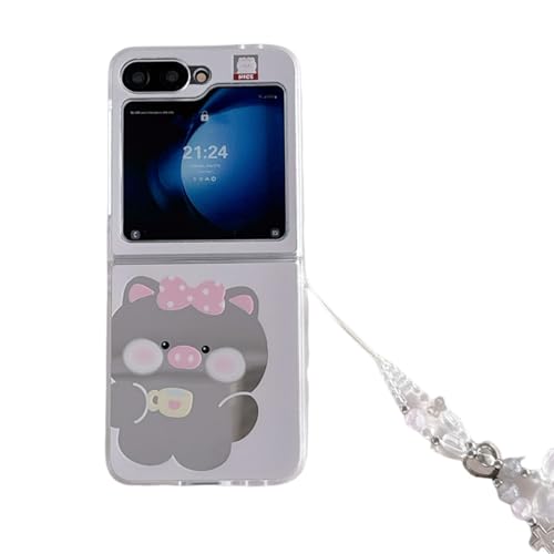 PIQIUZC Spiegel-Schutzhülle für Samsung Galaxy Z Flip 6, niedliches Cartoon-Tiermuster, faltbar, stoßfest, mit Kawaii-Kette, für Mädchen und Jungen (Schwein) von PIQIUZC