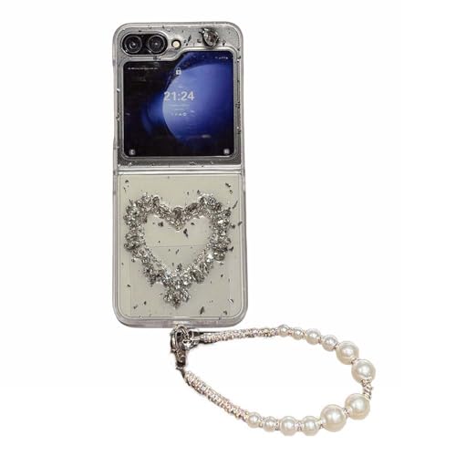 PIQIUZC Stoßfeste Schutzhülle für Samsung Galaxy Z Flip 6/5, glänzendes Herz-Design, exquisites niedliches Schmetterlings-Schleifenmuster, faltbare Handyhülle mit Armband (Z Flip 5, Herz) von PIQIUZC