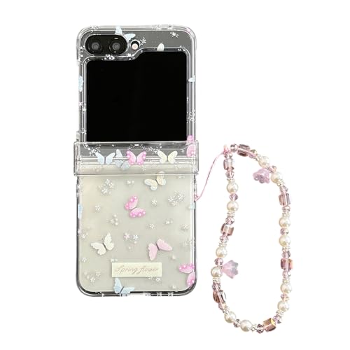 PIQIUZC Transparente Schutzhülle für Samsung Galaxy Z Flip 6/Z Flip 5, zarter süßer Blumendruck, frisches Design, stoßfeste Handyhülle für Mädchen und Frauen (Z Flip 5, Schmetterling) von PIQIUZC