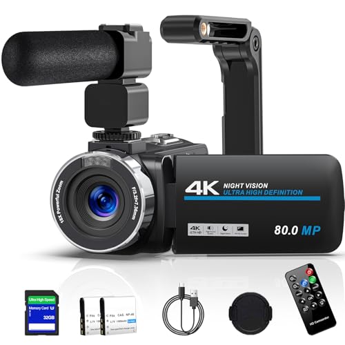 Videokamera 4K 80MP HD Camcorder für YouTube, 30FPS Webcam IR Nachtsicht Vlogging Kamera, 18X Digitalzoom 3,0 270°IPS Bildschirm Video Camera mit SD Karte, 2 Batterien, Fernbedienung, und Stabilisator Videokamera 4K 80MP HD Camcorder für YouTube, 30FPS Webcam IR Nachtsicht Vlogging Kamera, 18X Digitalzoom 3,0 270°IPS Bildschirm Video Camera mit SD Karte, 2 Batterien, Fernbedienung, und Stabilisator von PITIKI