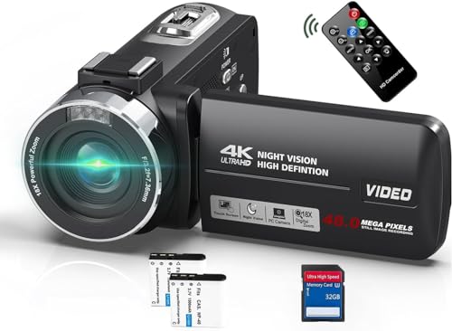 Videokamera 4K Camcorder 48MP mit IR Nachtsicht, 18X Digitalzoom 30FPS Webcam Video Kamera 3-Zoll 270° Rotation Touchscreen Vlogging Kamera für YouTube mit Fernbedienung, 2 Batterien, 32GB SD Karte von PITIKI